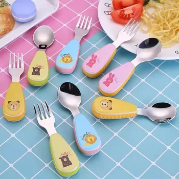 1 Set Creativ din Oțel Inoxidabil de Desene animate pentru Copii Lingura Furculita Drăguț Învăța Să Mănânce Supliment Alimentar pentru Copii Portable Set Tacamuri