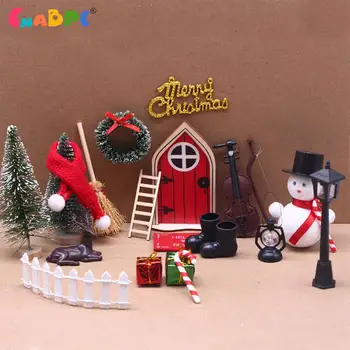 1set casă de Păpuși din Lemn Elf Ușă Decor de Crăciun Șir Pălărie Cununa Mini Copac Cutii de Cadouri Toyhouse Miniatura Zână Modelul Scena