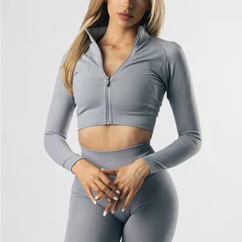 2 Bucăți fără Sudură Femei Yoga Set de Antrenament de Sport Sală de sport cu mâneci Lungi cu Fermoar tricou Vesta de Moda Strâns de Funcționare Yoga Pantaloni Set