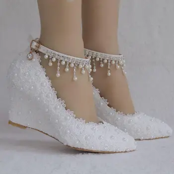 2021 primăvară a subliniat toe wedge toc înalt pantofi dantelă ciucure perla banchet rochie de pantofi pentru femei, plus dimensiune domnișoară de onoare la nunta pantofi