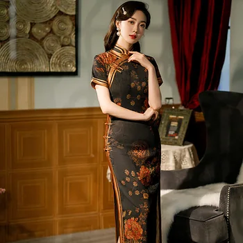 2022 Primavara Toamna Noul Negru Tradiționale Cheongsam Slim Stil Chinezesc Cheongsam Cerneală Flori Retro Stil Instanță Qipao Rochie De Seara