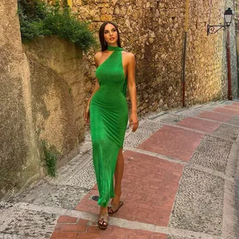 2022 Verde Pe Un Umăr Agățat De Gât Sexy Femei Bodycon Rochie De Vara Eleganta Chic Fără Mâneci Fara Spate Petrecere De Club Rochii Split