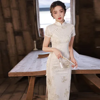 2023 Dantelă Albă Cheongsam Femei Maneci Scurte Tradiționale Rochie De Epocă Arată Costume Slim Broderie Qipao Halat Chinoise Femme