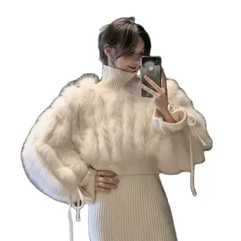 2023 Femei de Moda Real Blana Asieta Liber de Toamnă și de Iarnă Pulover Scurt Haina de Vulpe Blană de Benzi Tricotate Pulover Guler