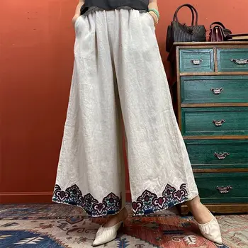 2023 lenjerie de pat din bumbac broderie pantaloni largi nou chinezesc retro stil etnic broderie casual femei de zi cu zi timp liber pantaloni g726