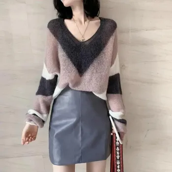 2023 Toamna/Iarna Noi Versiunea coreeană Stil Leneș Îngroșat Tricot Moda Colorate V-Gât Pulover Pulover pentru Femei