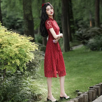 2023 Vara Dantela Mid-lungime Aodai de zi cu Zi a Îmbunătățit Cheongsam Low-neck Slim Fit Stil Chinezesc Rochie de Seara Qipao pentru Femei Partid