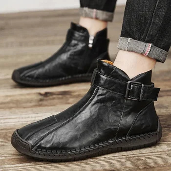 2023 Înaltă Calitate Pantofi pentru Bărbați cu Fermoar, Catarama Decor Cizme Barbati Iarna Rotund Deget de la picior Solid Scurt Baril Low-toc Cizme Roman