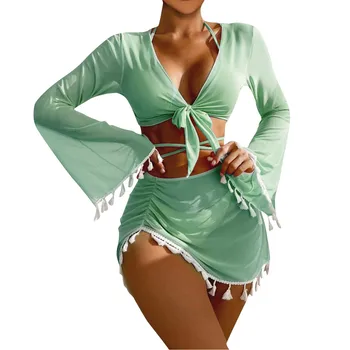 2024 Patru Piese Set de Bikini Acoperi Femei Solide de Culoare Ciucure Dantelă Sus Maneca Lunga, costume de Baie Costume de baie Sexy Biquini Costum de Baie