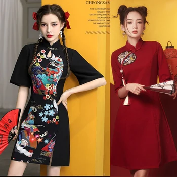2024 Primăvară Cheongsam Tradițională Chineză Qipao Costum La Modă Scurt Rochie De Epocă Sexy Femei Moderne Anul Nou Rochii Noi