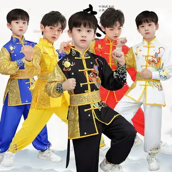 2024 tradițională chineză wushu haine copii arte martiale uniformă kung fu costum dragon print sequin etapă de performanță costum