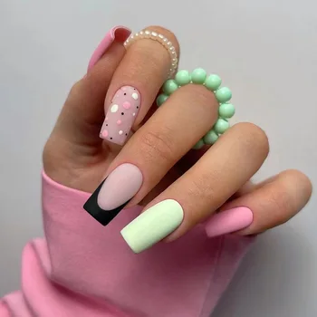 3D scurt unghii false set faux ongles pentru primăvară-vară sezon roz verde design francez sfaturi manichiura apăsați pe false unghii acrilice