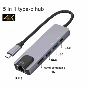 5 în 1 de tip c hub hub usb RJ45 100M 4K USB2.0 compatibil HDMI PD3.0 portul de încărcare, Conectați tastatura și mouse-U disc stație de andocare