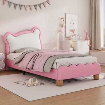 90x200cm pat single, pat pentru copii, tineret, pat, pat tapitat confortabil cu ursul bordura, pardoseală de lemn cadru grătare, PU, roz