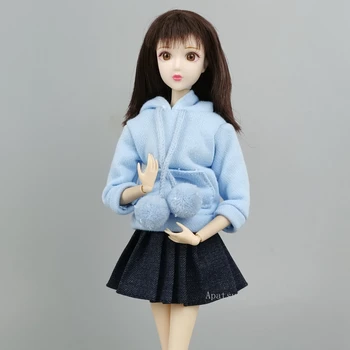Albastru Drăguț Tricou cu Glugă Denim Fuste Plisate Haine Pentru Păpuși Barbie Costume Set De 1/6 BJD Papusi Accesorii Copil DIY Jucărie