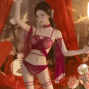 Antic Chinez Costum Sexy Hanfu Lenjerie Erotica Pasiune miezul Nopții Farmec Pijamale Plasă de Șorț Lenjerie intima Set pentru Femei 2023