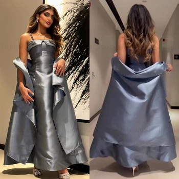 Arabia Stil de Praf Albastru Satin Curele de Spaghete Rochii de Seara pentru Fete Etaj Lungime Formale Rochie cu Jachete Sirena vestidos