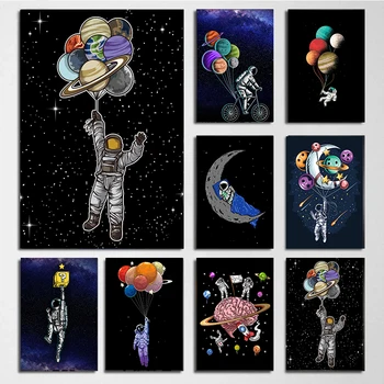 Astronaut Cu Baloane Poster Galaxy Spațiu, Planetă, Stea Pepinieră Panza Pictura Nordică Poster Și Imprimă Copilului Decor Camera Pentru Copii