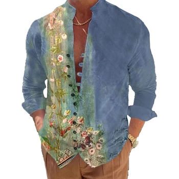 Barbati Casual Floare De Imprimare Vrac Maneca Lunga Butonul De Jos Bluze Bluza Camasa Rochie