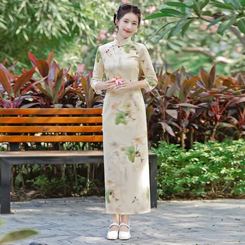 Bej Verde piele de Căprioară Îmbunătățit Mult Cheongsam Femei Subțire Elegant Rochie Plus Dimensiune Chineză Stil Maneca Lunga Retro Qipao S La 4XL