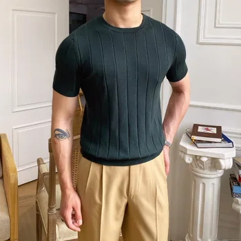 Bărbați Îmbrăcăminte 2023 Vara Noi Maneci Scurte Tricotate T-shirt de zi cu Zi Simplu Moda Casual Slim Top