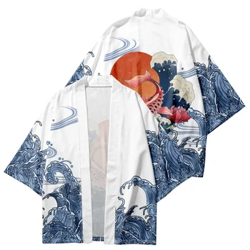 Cardigan Tricouri Cosplay Haori Supradimensionate Streetwear Topuri Japoneză Pește Val Print Kimono Tradițional Femei Bărbați Yukata