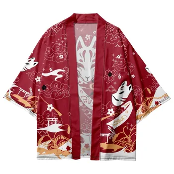 Casual Japonia Fox Masca Florale Imprimate Bărbați Femei Perdant Kimono Plaja Cardigan Japoneze Yukata Îmbrăcăminte Harajuku Haori