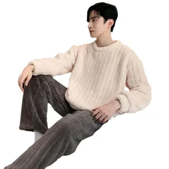 Casual sex Masculin Noi Pulover Pijamale Groase Set de Toamnă Catifea Iarna 2023 + Pantaloni pentru Bărbați Cald cu Dungi Homewear Coral 2 buc Simplu de Pluș