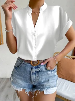 Casual V Neck Solid Shirt Bluza Office Lady Primavara-Vara Moda Elegant Maneca Scurta Slim Shirt Pentru Femei 2024 Alb Topuri