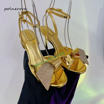 Cele mai noi Cristal Fluture Nod Sandale Solidă Subțire Toc Înalt Sandale Pistă de Moda Rochie de Pantofi pentru Femei de Vară 2024 Sexy de Lux