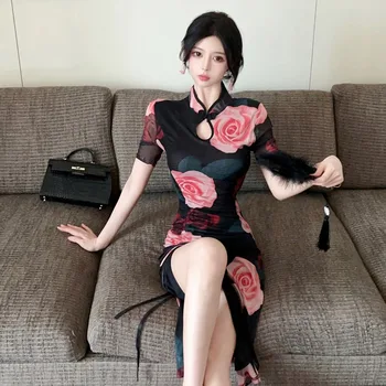 Chineză Stil Retro Imprimare Femei Elegante Cheongsam Plasă Subțire Qipao Moda Franceză Rochie De Petrecere Oriental Rochii Vintage Vestidos