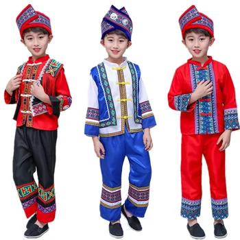 Copii Antic Chinez Hmong Miao Costum Tradițional Scena Festivalului De Performanță Waer Băieții De Imprimare Folk Hanfu Rochie De Îmbrăcăminte Set