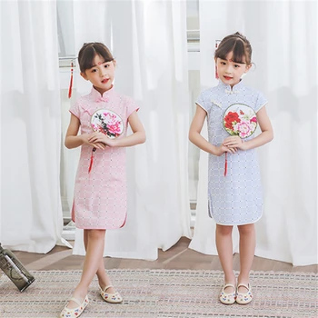 Copii s-a îmbunătățit cheongsam fusta carouri roz albastru cheongsam Tang costum stil Chinezesc copii purta rochie Hanfu qipao rochie