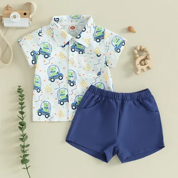 Copilul Băiat Haine de Vară Dinozaur Print Short Sleeve Button Down Shirt cu Culoare Solidă pantaloni Scurți 2 buc Tinuta