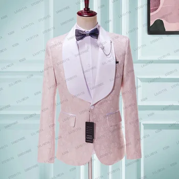 Costum barbati de Lux Blazer Roz Șal Rever Single-Breasted se Potrivesc Subțire de Nunta de Moda Set Smart Casual-O singură Bucată Costume