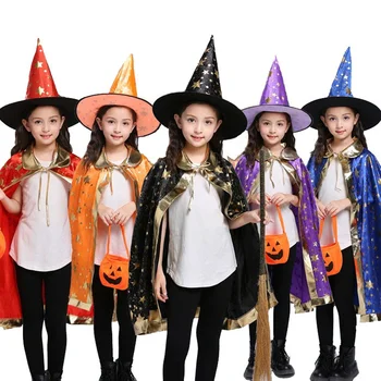 Costum de Halloween Satin Capul cu Pălărie pentru Copii Băieți Wizard Fete Vrăjitoare Cosplay Petrecere de Halloween Copilul Dress Up Fantomă Haine 2021