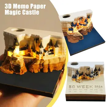 Creativ, legată de Mână Magic Castle Calendar Săptămânal Cu Pad Notepad Sculptură de Hârtie Ambarcațiuni 3D Birou de Artă Birou Lumină Lipicios Decor K8Y5