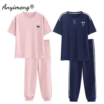 Cuplu de Moda de Vara Pijama Maneci Scurte Pantaloni Lungi de Agrement Pijamale Roz și Albastru Pijamale de Bumbac Body pentru Tinerii Îndrăgostiți