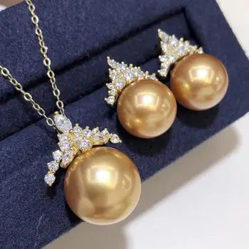 D809 Pearl Set Bijuterii Fine de Argint 925 Runda a 10-13mm Apă Proaspătă Perle de Aur Seturi de Bijuterii Cadouri pentru Femei