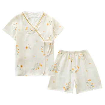 Dantelă Florale Mici Zi Kimono Pijamale femei Bumbac Tifon Maneci Scurte pantaloni Scurți de Vară Acasă Purta Set