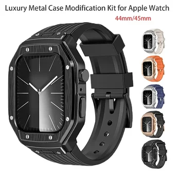 De lux Caz de Metal Modificarea Kit pentru Apple Watch Apple Watch7 8 9 44mm 45mm Bărbați Caz Silicon pentru iwatch 4 5 6se Curea