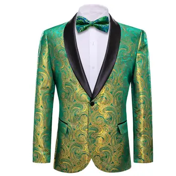 De Lux Pentru Bărbați Costume De Mătase Sacou Verde Paisley Silk Blazer Papion Set Business Casual Slim Fit Sacou Masculin Haina Barry.Wang
