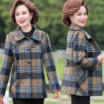 De Varsta mijlocie, Mama în Vârstă de Lână Haina Noua de Primavara Toamna Femei Scurt Sacou Lână coreean Elegant Outwear Femei Carouri Topuri 5XL