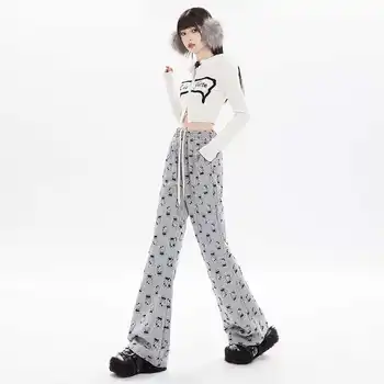 Desene animate Anime Sanrio Hello Kitty, Pantaloni Talie Mare pantaloni evazati Y2K Primavara Toamna Noua Imprimate Pantaloni Casual Cadou pentru Prieteni