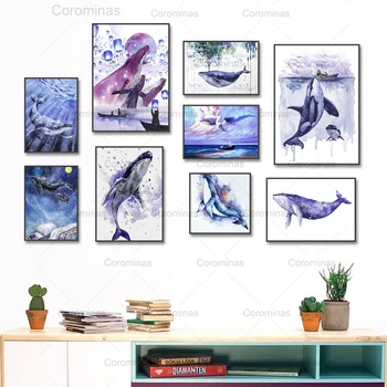 Desene Animate Balene Poster Acuarelă Violet Animale Marine Modular De Imprimare Pictura Educațional Grădiniță Arta De Perete Poze Decor Camera Pentru Copii