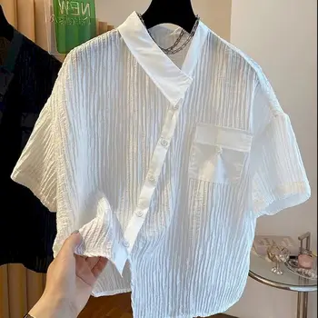 Design De Moda Tricouri Femei Nișă Neregulate Placket Cutat Textura Sens Tricou Liber Casual Maneca Scurta Bluza Trend Vara