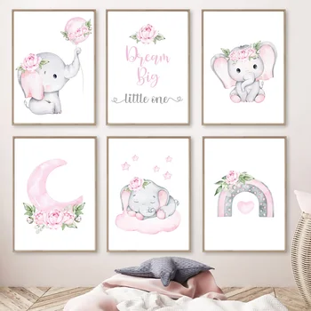 Drăguț Elefant Roz Lunii Curcubeu Pepinieră Arta De Perete Panza Pictura Postere Si Printuri Poze De Perete Baby Fată Cameră Decor Acasă