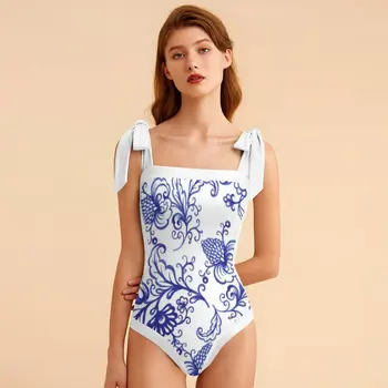 Elegant Albastru Linie Subțire De Flori Print Bikini-O Singură Bucată 2023 Doamnelor De Epocă Gât Pătrat Arc Suspensor Costume De Baie Pe Plajă Acoperi