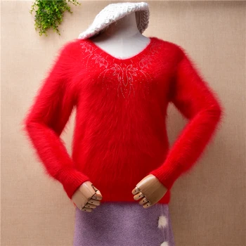 elegant doamnelor moda pentru femei de craciun rosu cu margele păros nurca cașmir subțire tricotate bluze pulover de angora blana pulover trage de sus