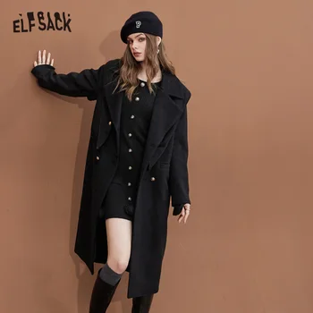 ELFSACK Guler Negru Detasabil Cald Lână Coats pentru Femei de Iarnă 2022 Mid-lungime Outwears